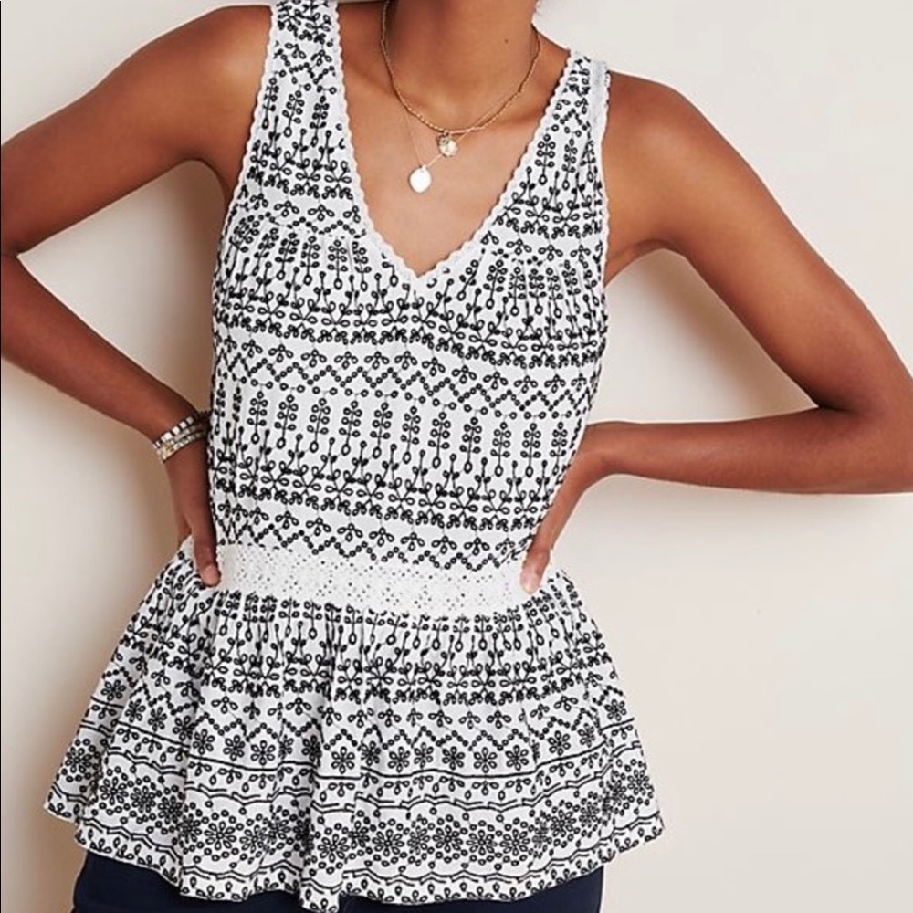 Anthro Maeve Cammie Embroidered Peplum Top